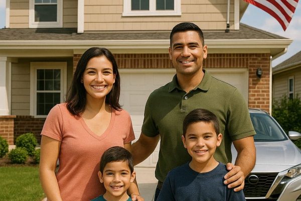Family with two parents and two children standing in front of a suburban house with an American flag