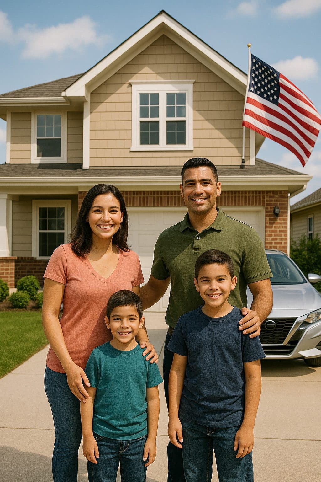 Family with two parents and two children standing in front of a suburban house with an American flag